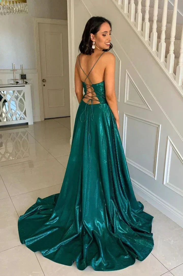 Green satin long prom dress A line evening dress Y243 - Image 2
