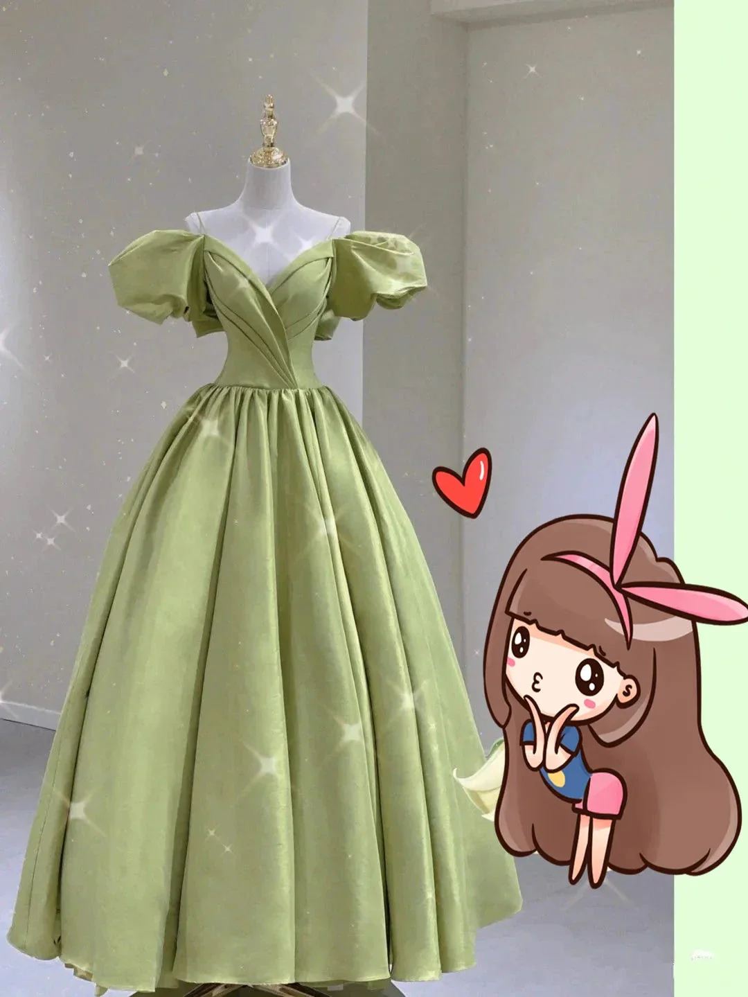Green Satin Long Prom Dress With Puff Sleeves,Green Evening Dress ,Y2458 - Image 2