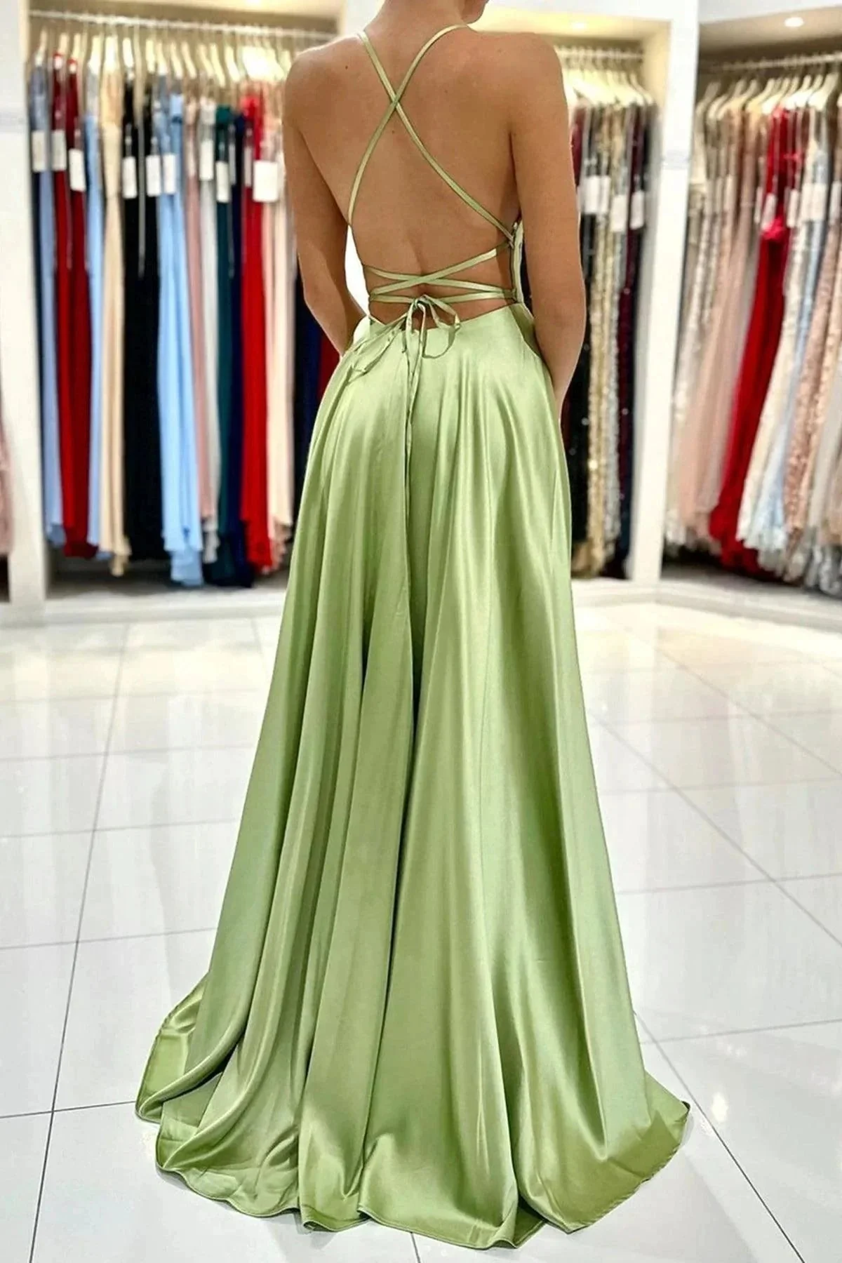 Green Satin Simple A Line Backless Long Prom Dresses with Leg Slit  PSK381 - Image 3