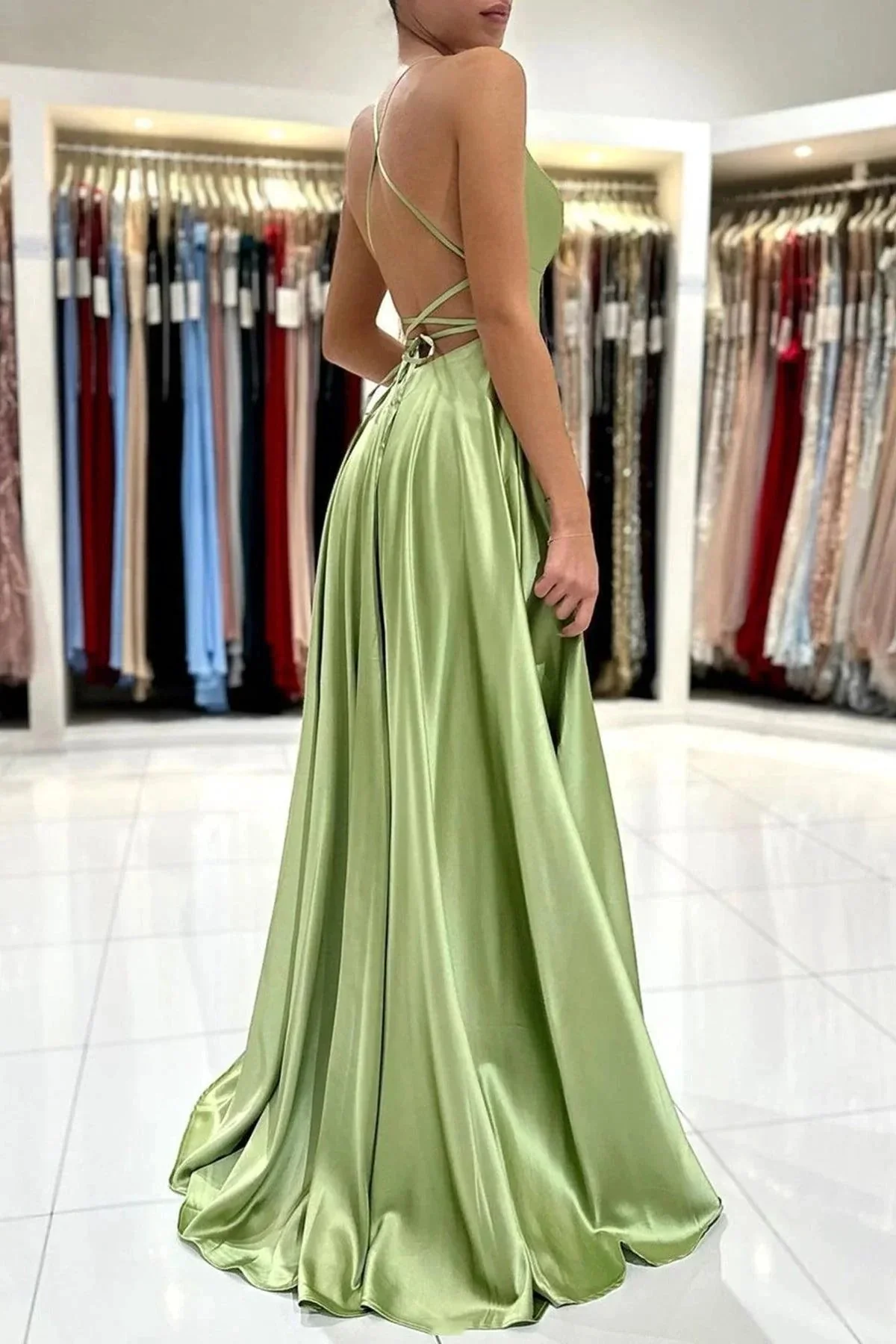 Green Satin Simple A Line Backless Long Prom Dresses with Leg Slit  PSK381 - Image 4