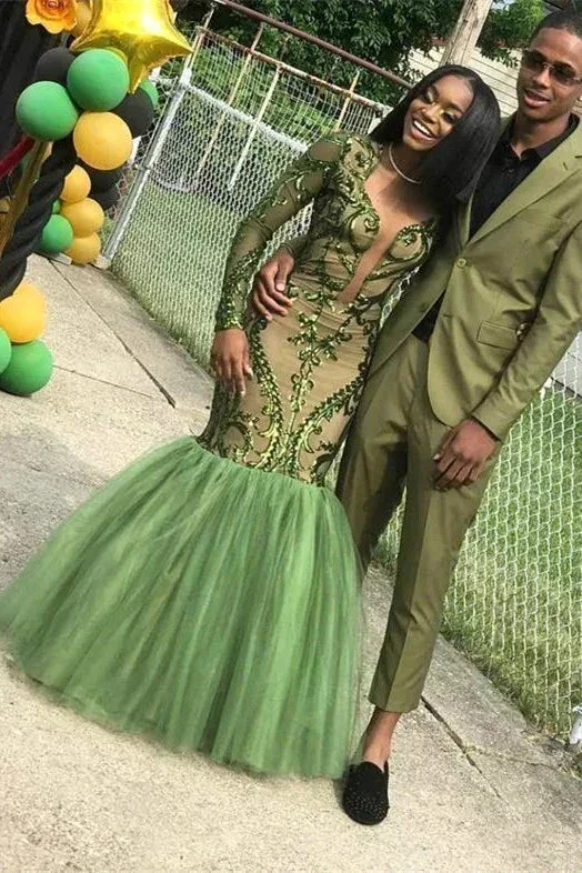 Green Sequins Prom Dresses,Sexy Mermaid Long-Sleeves Evening Gowns Y1456 - Image 2