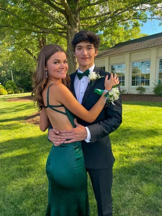 Green Satin Sheath/Column Long Prom Dress,Backless Evening Dress Y4119 - Image 2