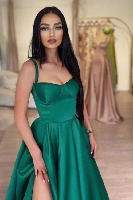 Green Shiny Elastic Satin Front Split Court Train Prom Dress - Image 2