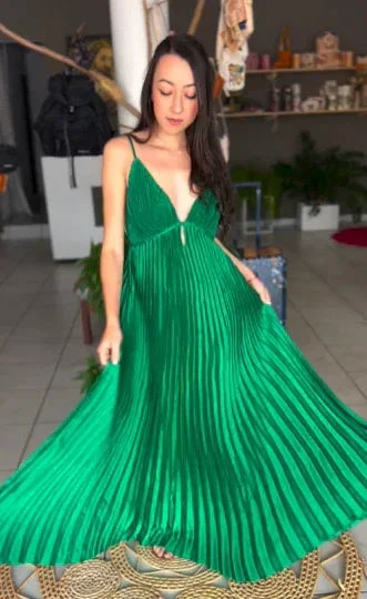 Green Spaghetti Straps Pleated V Neck Party Prom Dress A Line Evening Gown Y7958 - Image 2