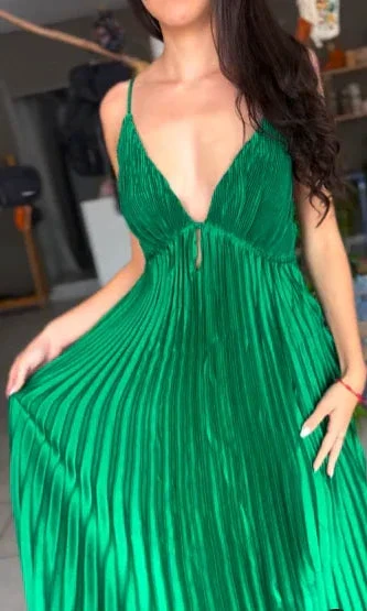 Green Spaghetti Straps Pleated V Neck Party Prom Dress A Line Evening Gown Y7958 - Image 3
