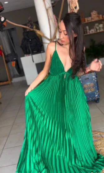 Green Spaghetti Straps Pleated V Neck Party Prom Dress A Line Evening Gown Y7958 - Image 4