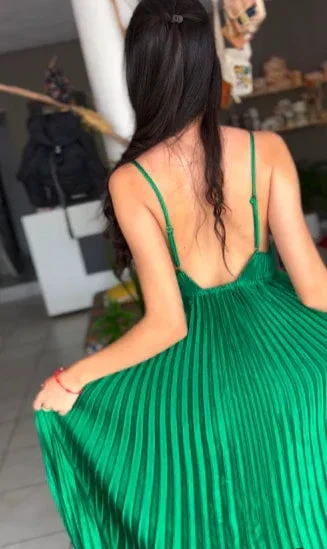 Green Spaghetti Straps Pleated V Neck Party Prom Dress A Line Evening Gown Y7958 - Image 5