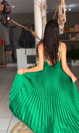 Green Spaghetti Straps Pleated V Neck Party Prom Dress A Line Evening Gown Y7958 - Image 6