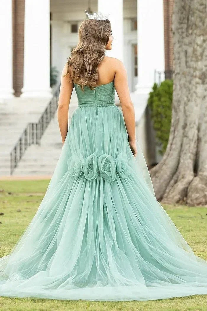 Green Strapless A-Line Tulle Long Prom Dresses - Image 2