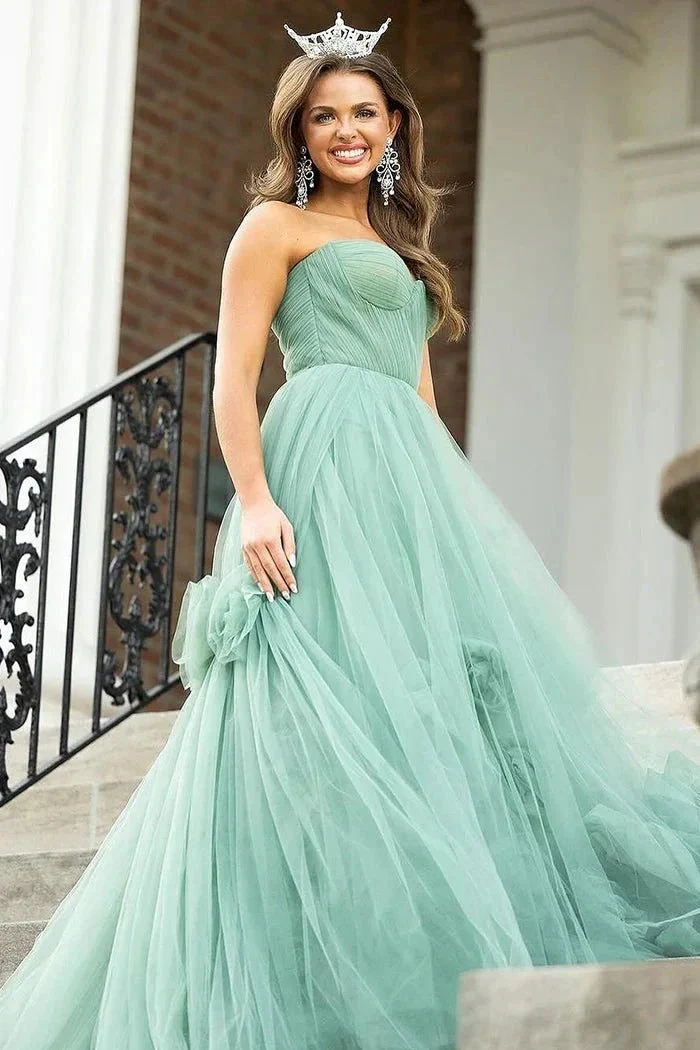 Green Strapless A-Line Tulle Long Prom Dresses - Image 3