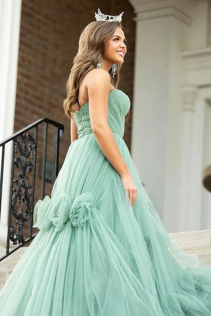 Green Strapless A-Line Tulle Long Prom Dresses - Image 4