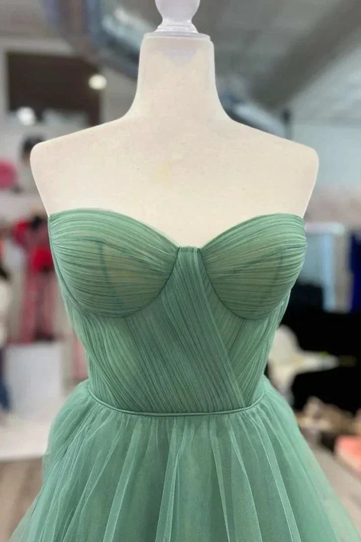 Green Strapless Floral Long Prom Dresses Green Formal Dresses Green Tulle Evening Dresses Y4640 - Image 2