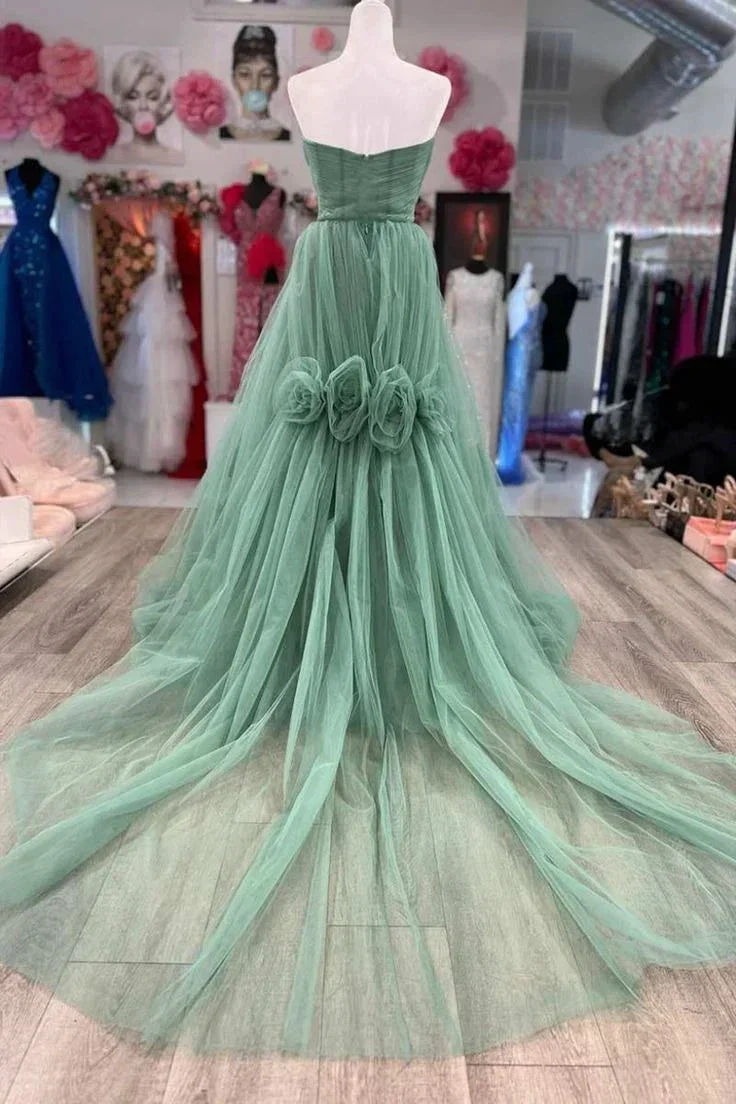 Green Strapless Floral Long Prom Dresses Green Formal Dresses Green Tulle Evening Dresses Y4640 - Image 3