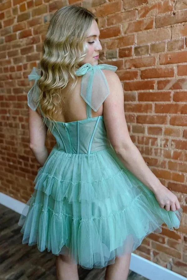 Green Straps A-Line Tulle Tiered Short Corset Homecoming Dress PD545 - Image 2