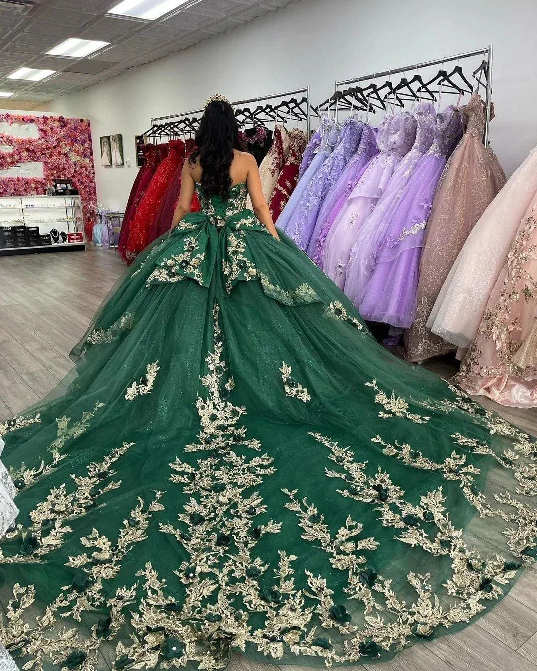 Green Swetheart Quinceanera Dresses Birthday Prom 3D Flowers Ball Gown Y4437 - Image 2