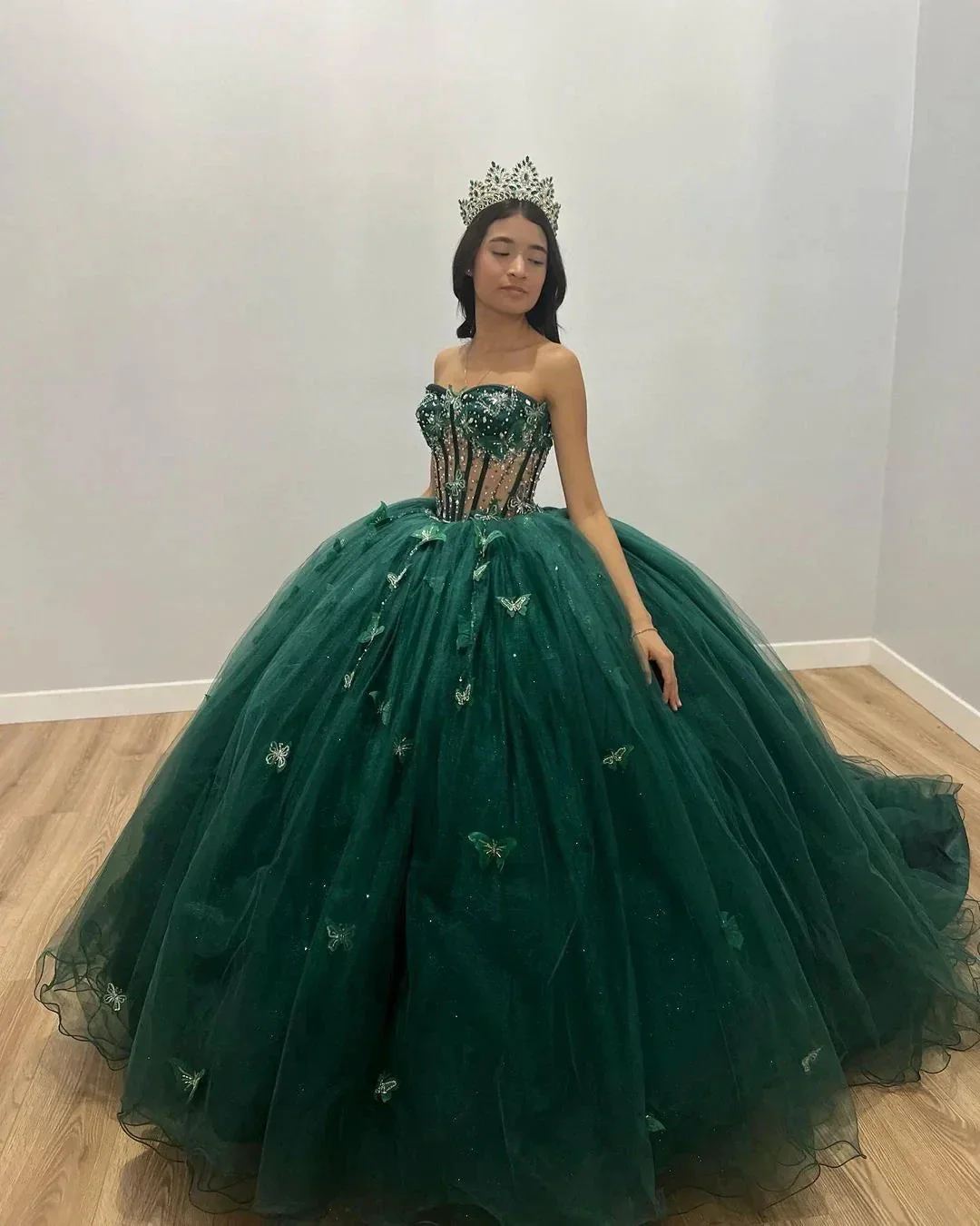 Green Tulle Ball Gown With Butterflies,Sweet 16 Dress, Green Quinceanera Dress Y2344 - Image 2