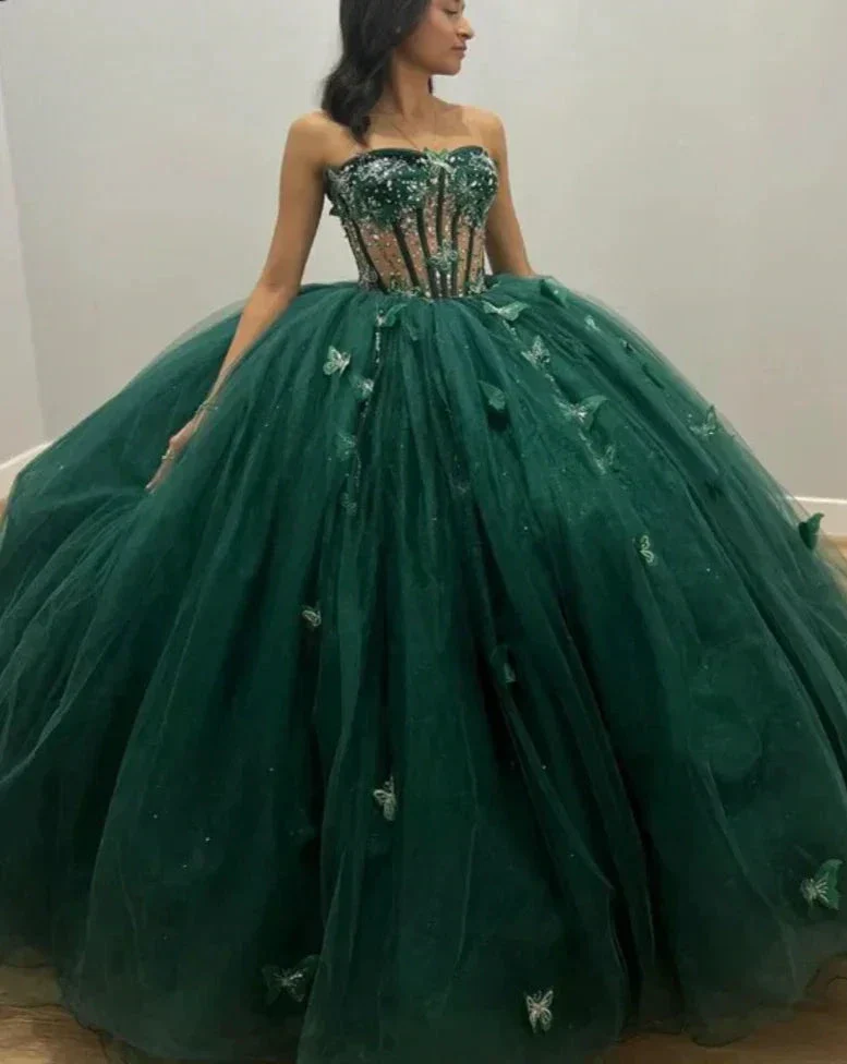 Green Tulle Ball Gown With Butterflies,Sweet 16 Dress, Green Quinceanera Dress Y2344 - Image 3