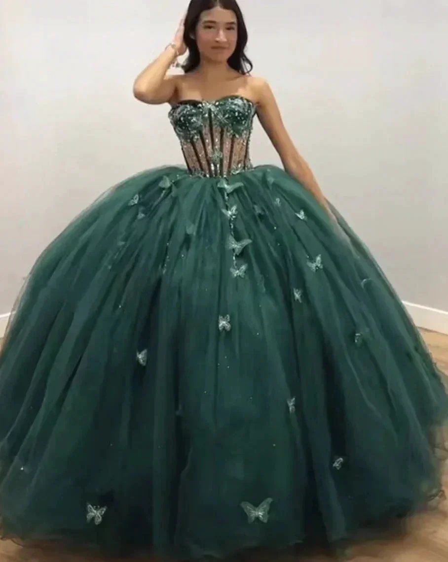 Green Tulle Ball Gown With Butterflies,Sweet 16 Dress, Green Quinceanera Dress Y2344 - Image 5