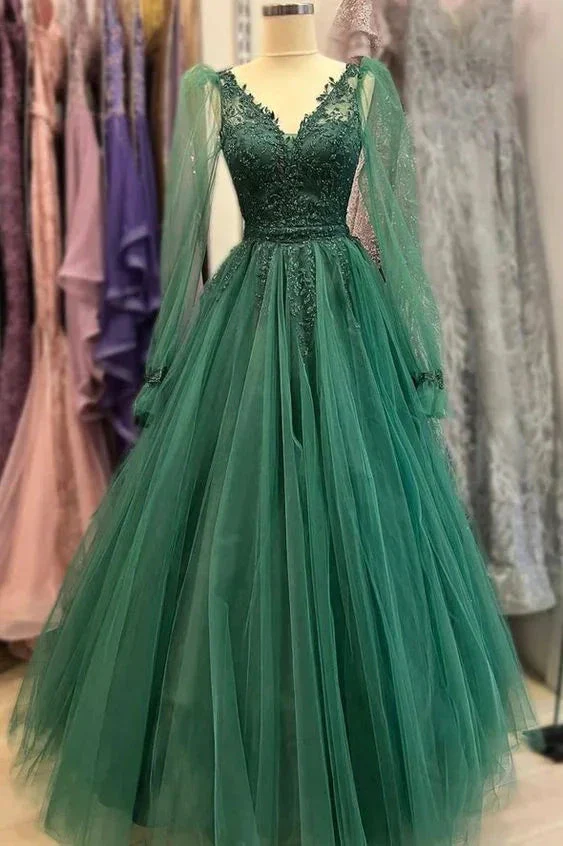 Green tulle beads V Neck long Sleeve prom dress green evening dress Y6811 - Image 2