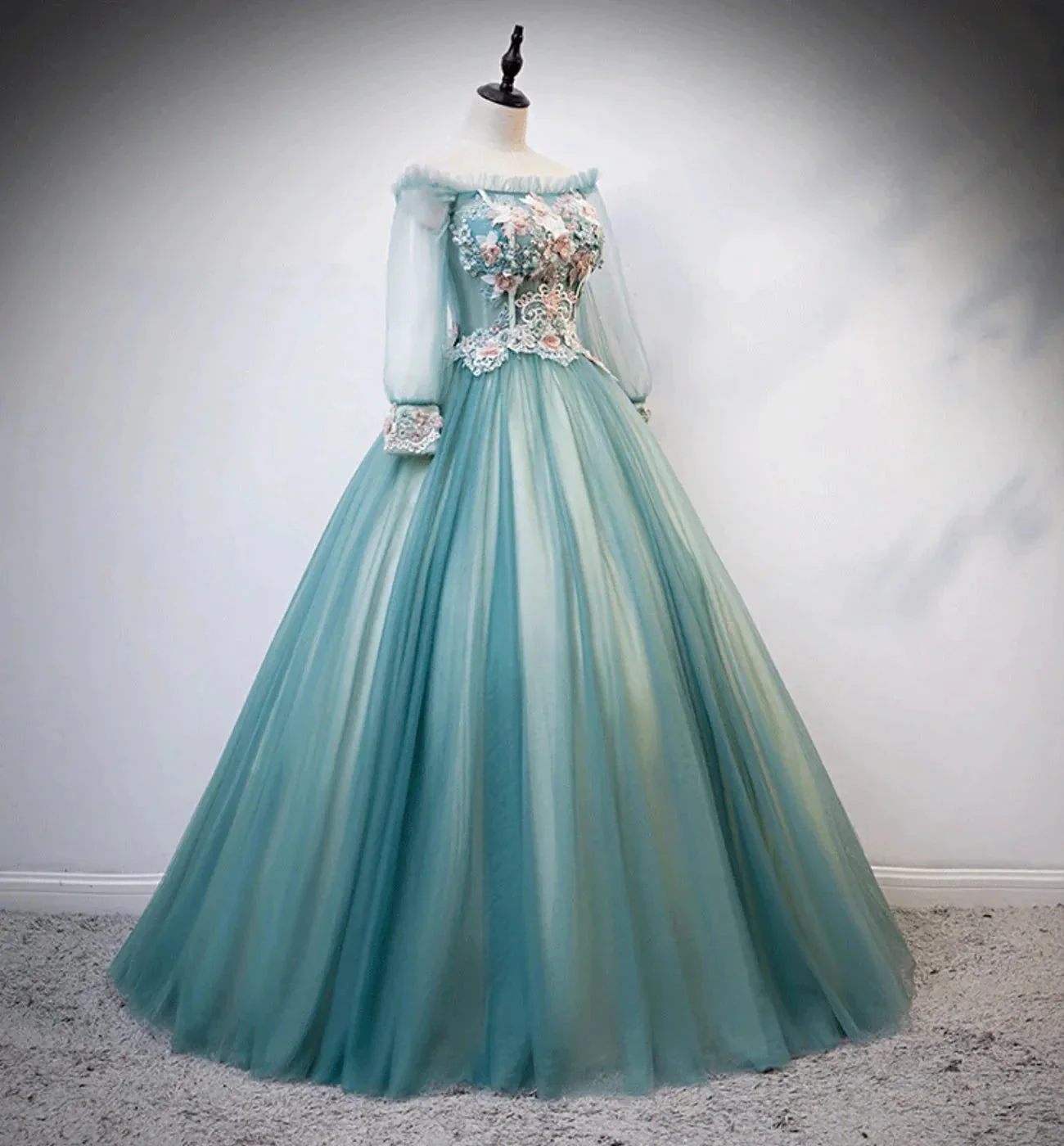 Green tulle lace long ball gown dress formal dress s107 - Image 2