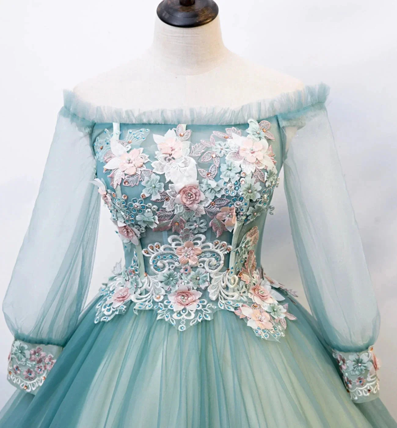 Green tulle lace long ball gown dress formal dress s107 - Image 3