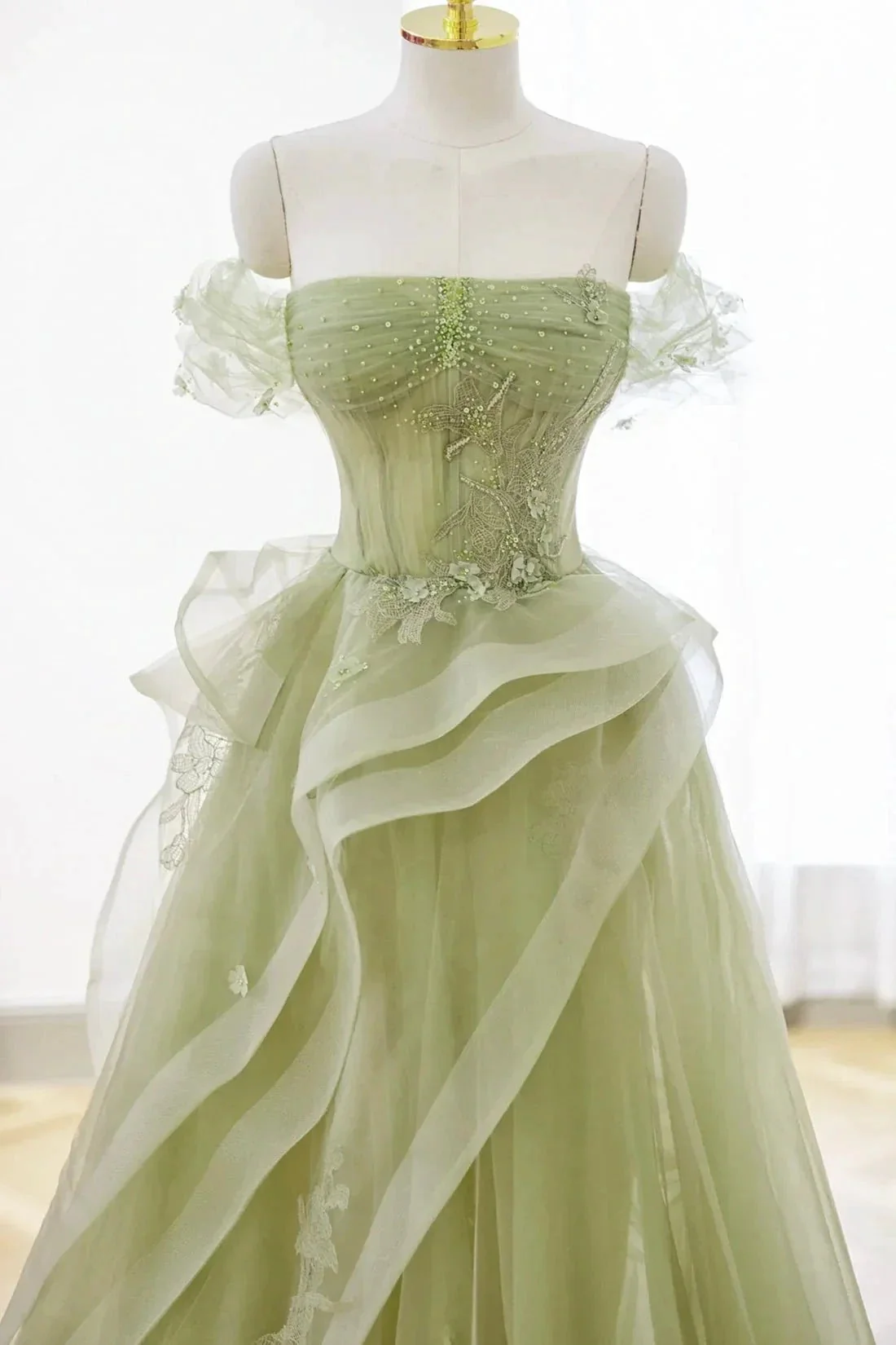 Nellie | Green Tulle Lace Long Prom Dress with Corset, Green Formal Party Dress - Image 2