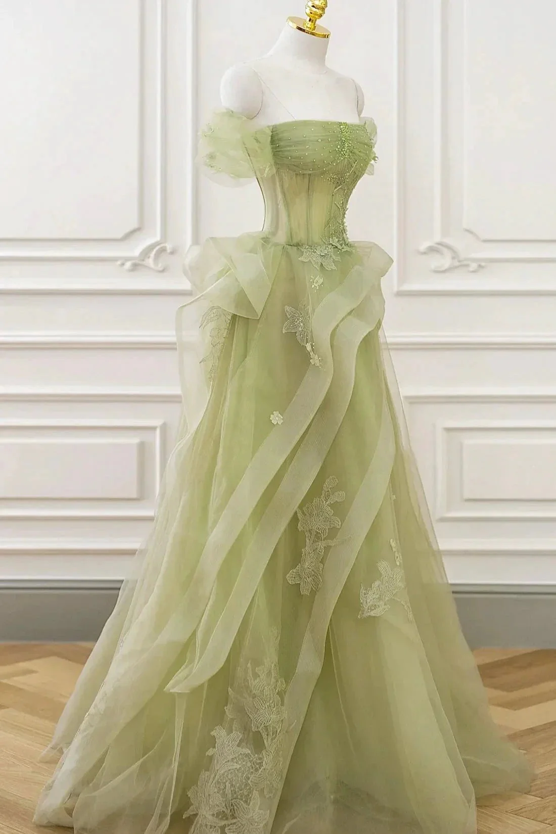 Nellie | Green Tulle Lace Long Prom Dress with Corset, Green Formal Party Dress - Image 3