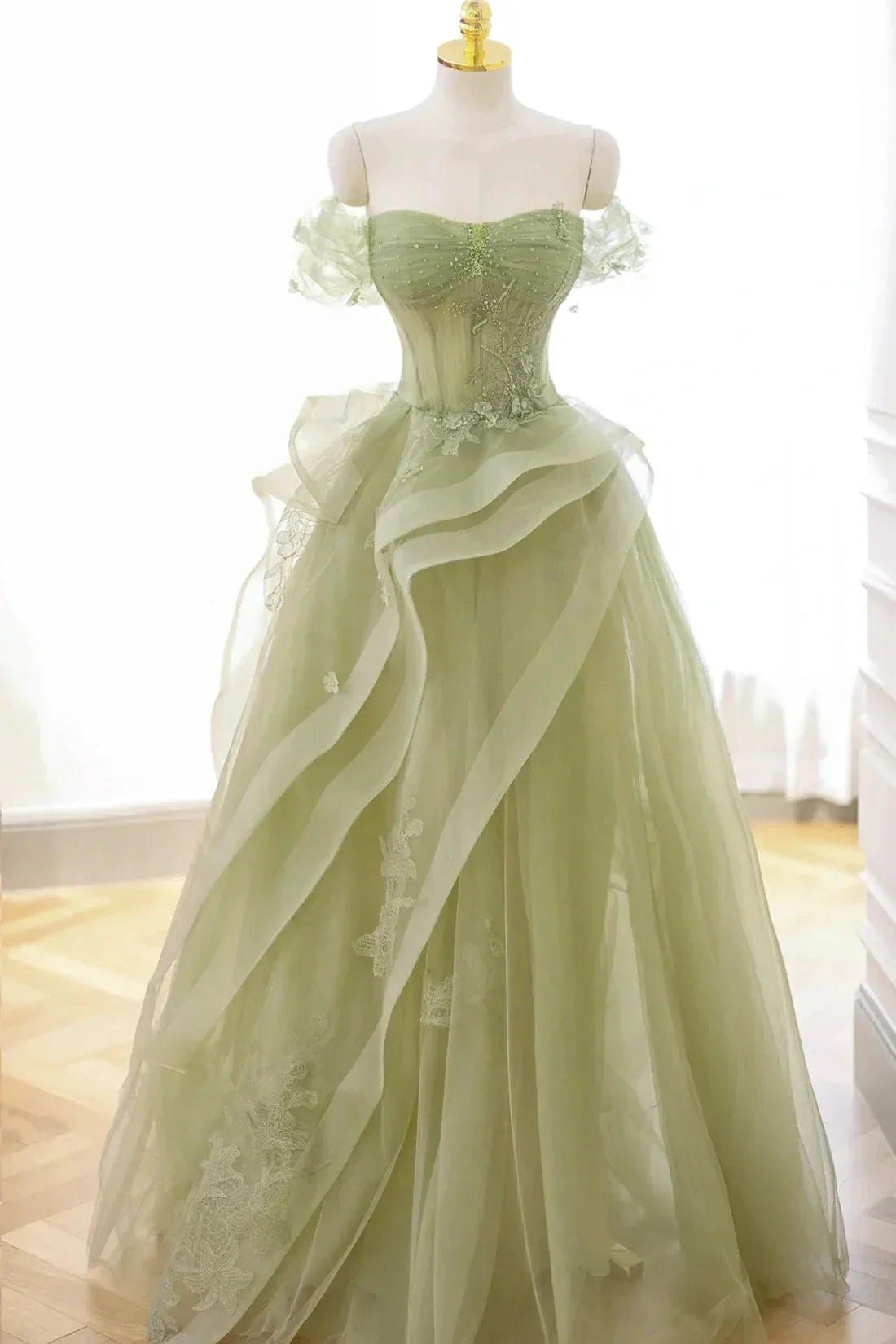Nellie | Green Tulle Lace Long Prom Dress with Corset, Green Formal Party Dress - Image 4