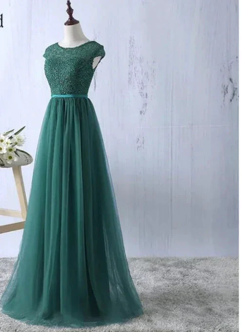 Green tulle lace top round neck long evening dresses simple formal dress S6796 - Image 2