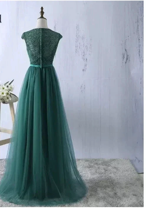 Green tulle lace top round neck long evening dresses simple formal dress S6796 - Image 3