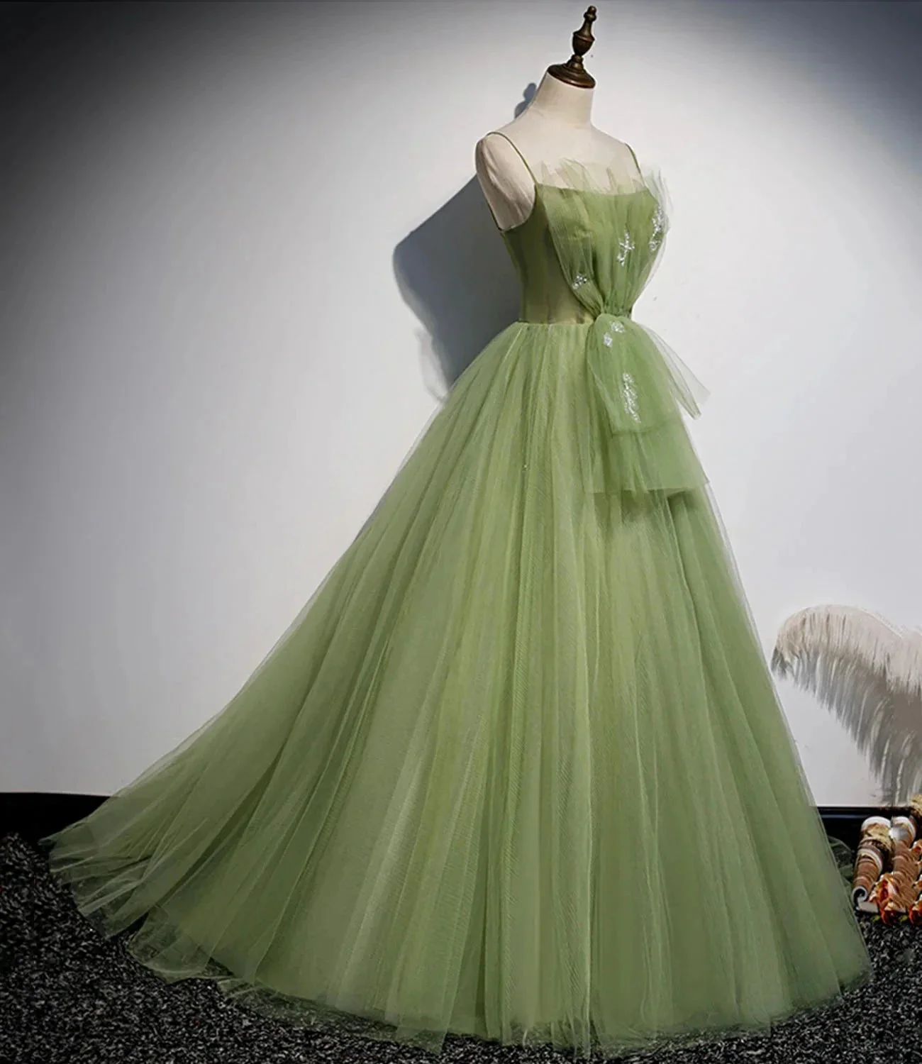 Green tulle long prom dress A line evening dress s56 - Image 2