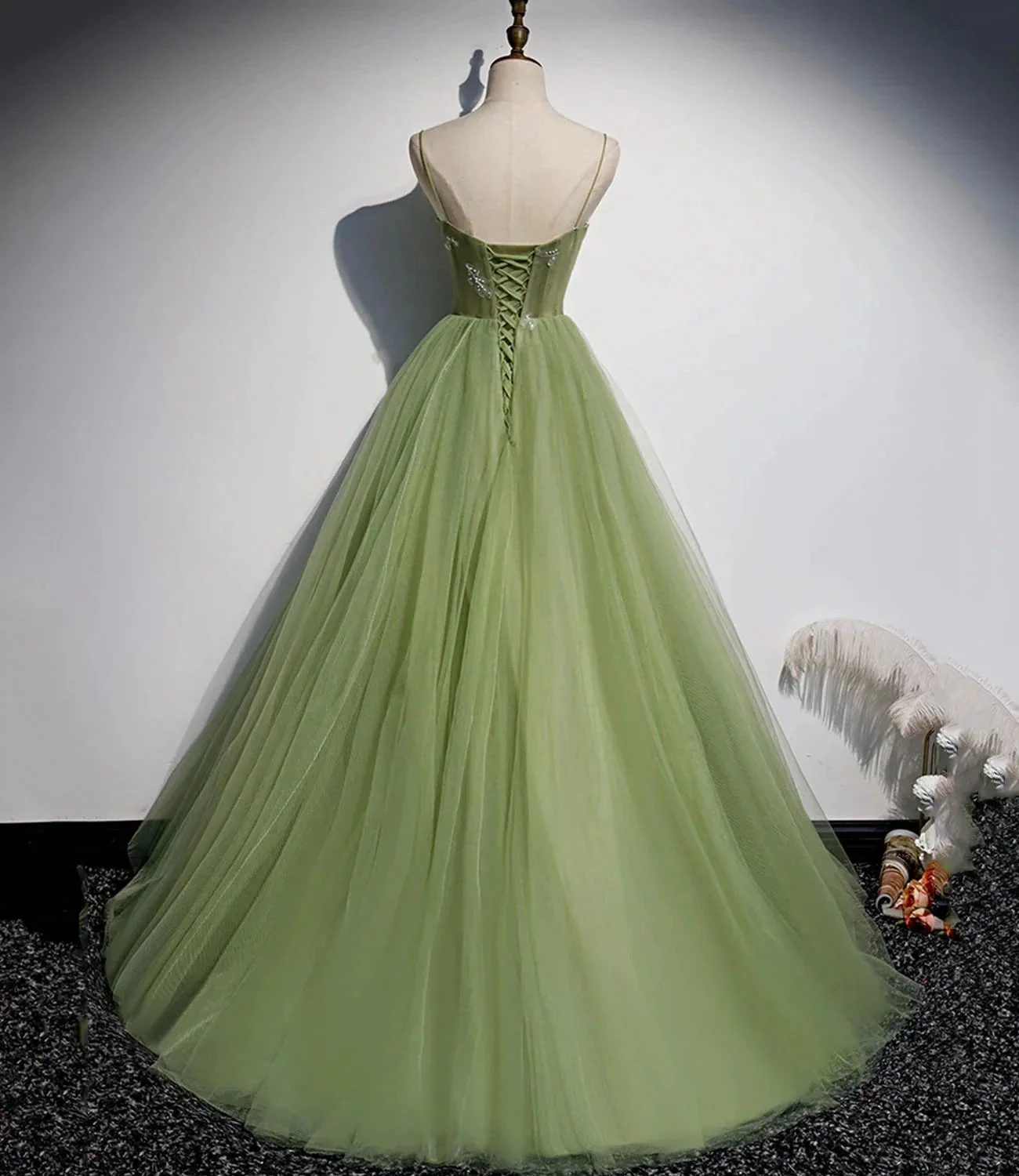 Green tulle long prom dress A line evening dress s56 - Image 3