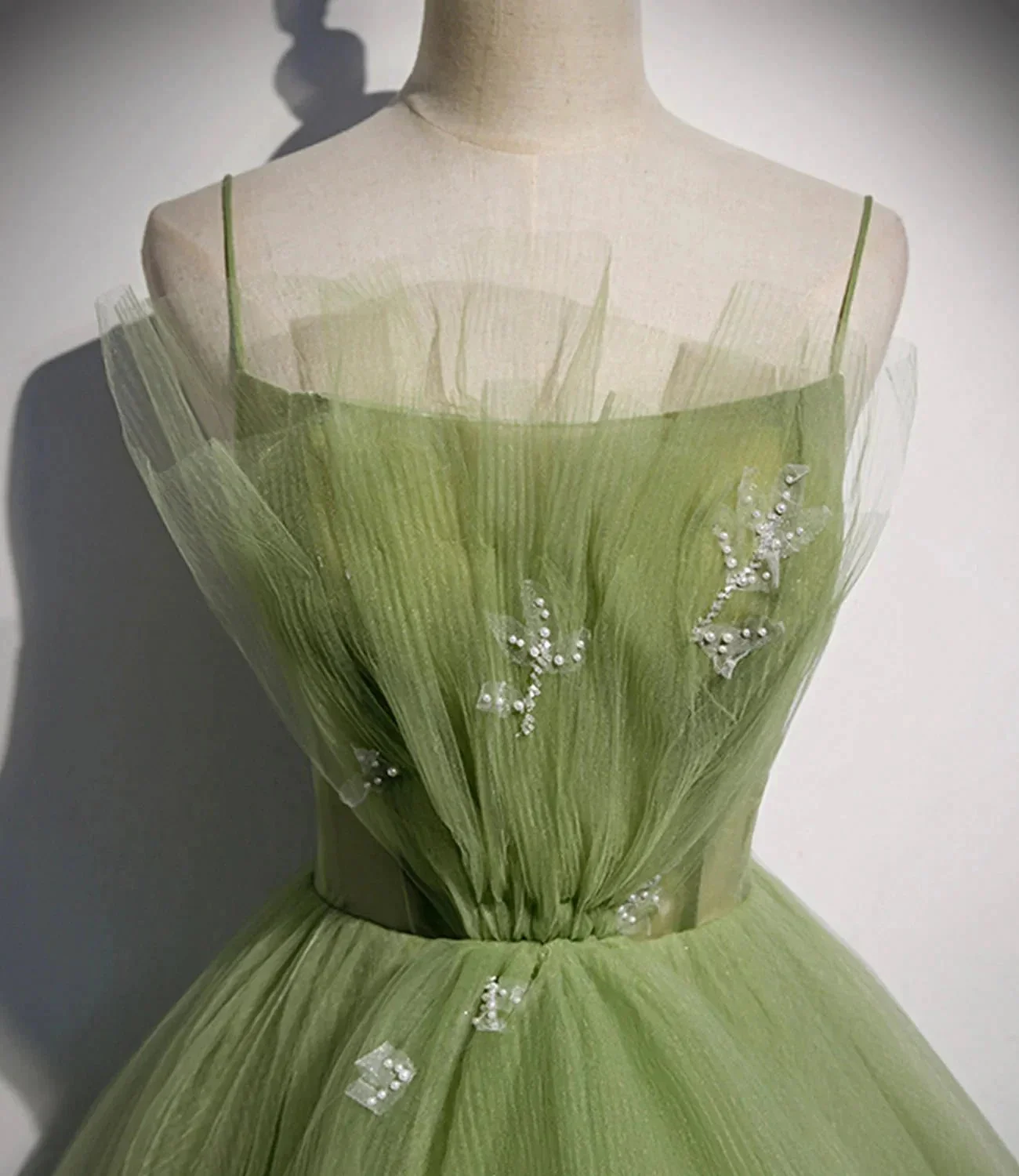 Green tulle long prom dress A line evening dress s56 - Image 4
