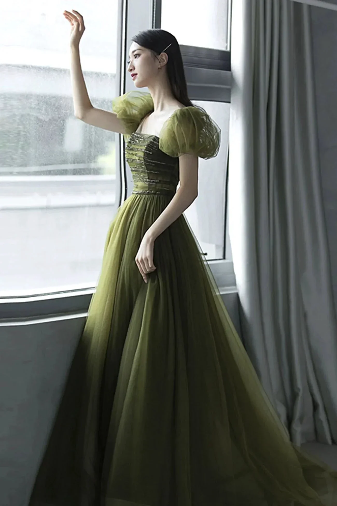 Green tulle long prom dress green evening dress Y623 - Image 2