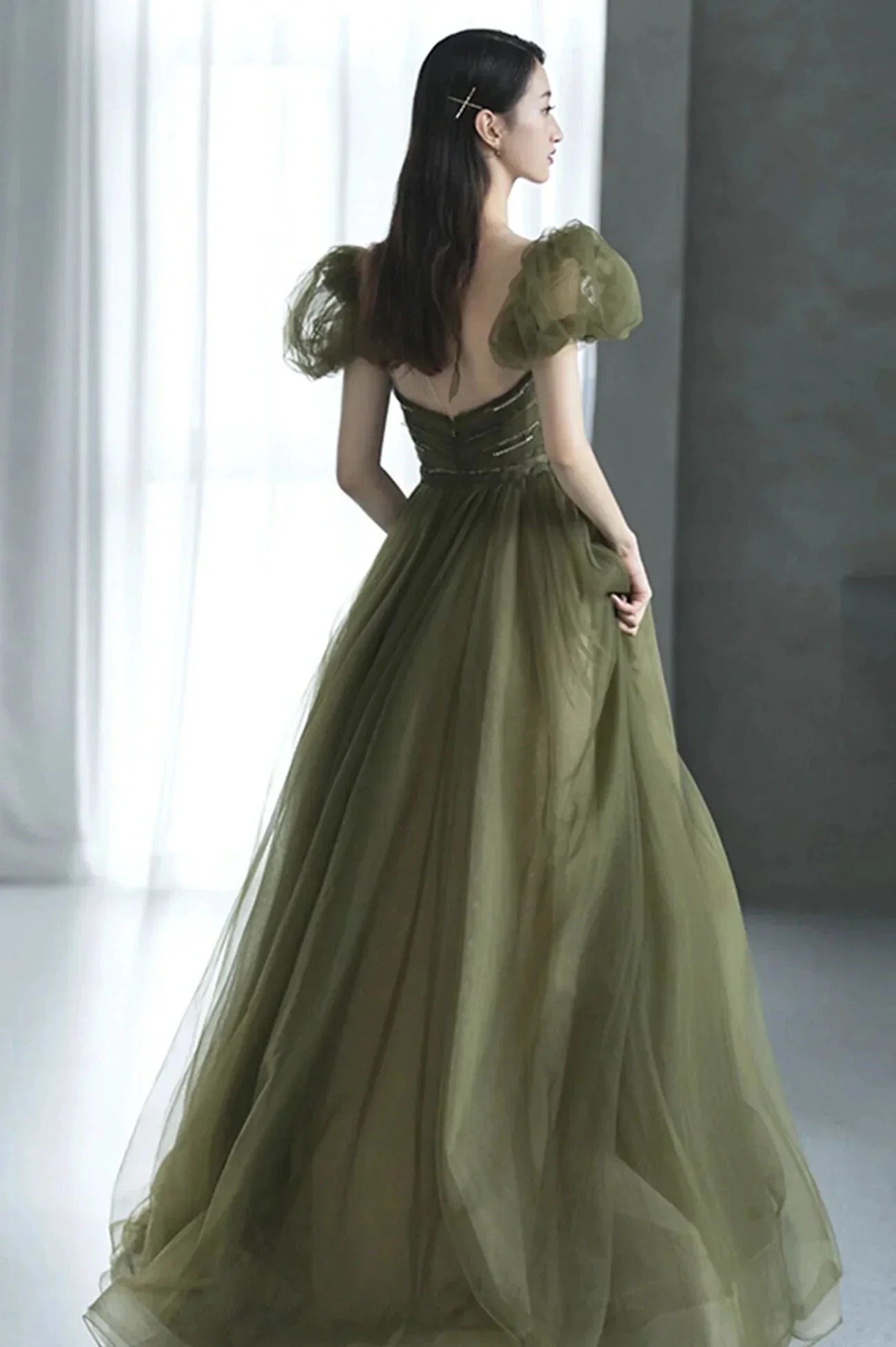Green tulle long prom dress green evening dress Y623 - Image 3