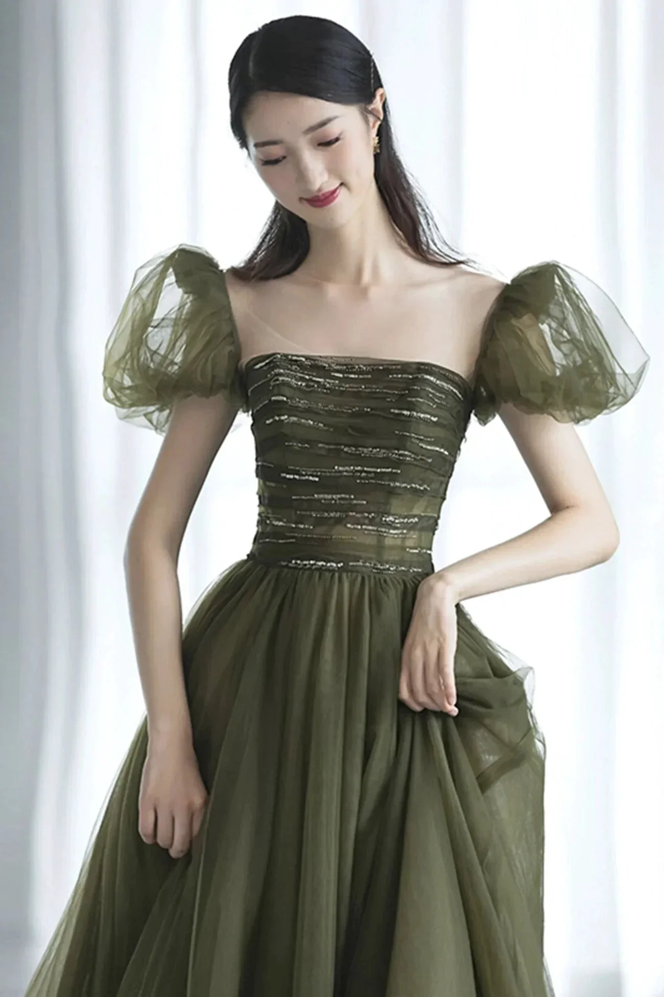 Green tulle long prom dress green evening dress Y623 - Image 4