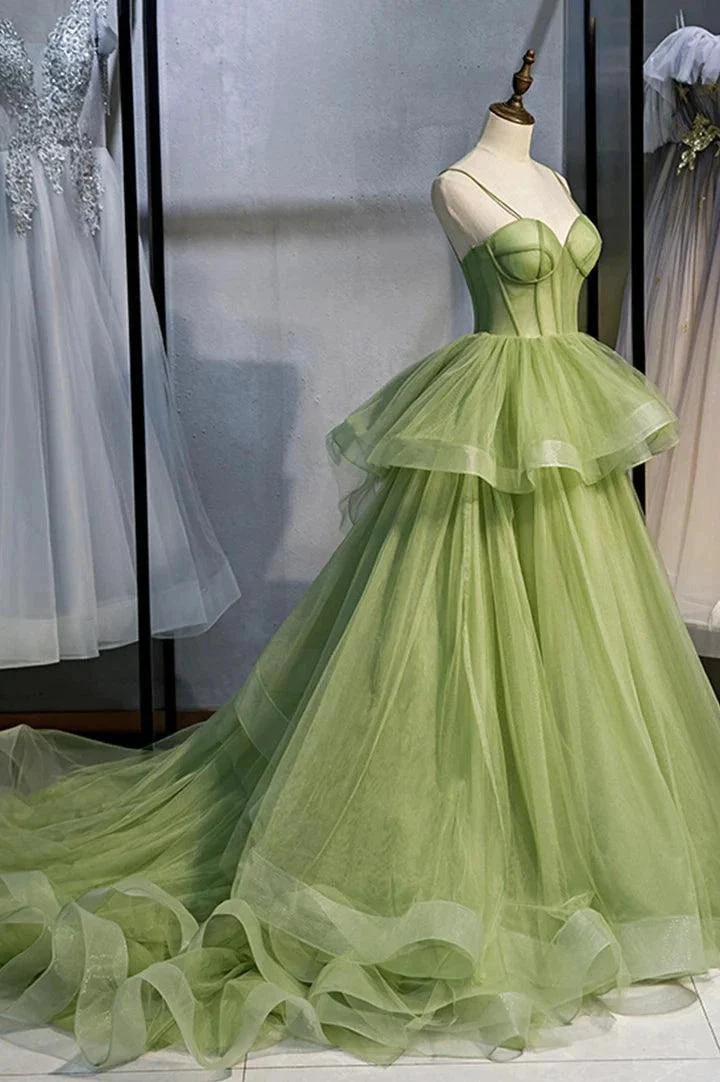 Green Tulle Long Prom Dresses A-Line Evening Dresses with Train  PSK418 - Image 3