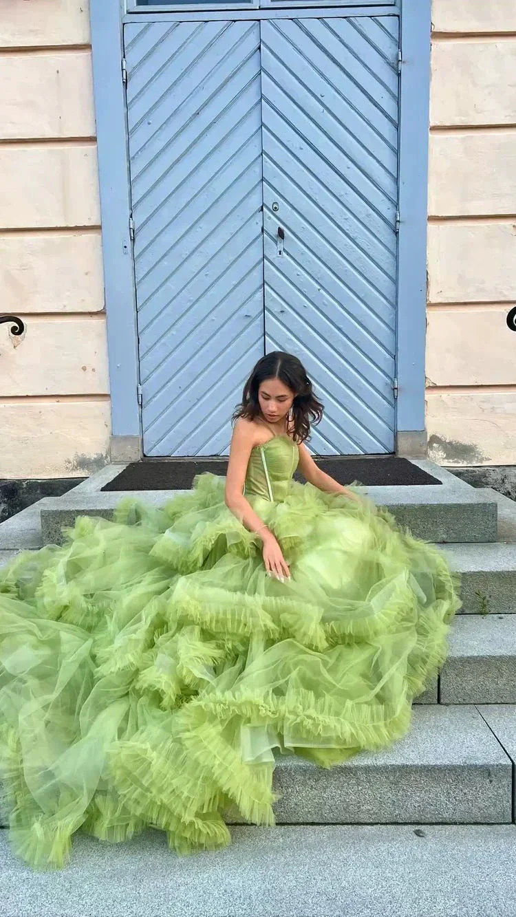Green Tulle Long Prom Dresses, A-Line Formal Evening Dresses Y2029 - Image 3