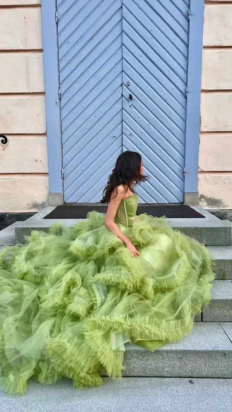 Green Tulle Long Prom Dresses, A-Line Formal Evening Dresses Y2029 - Image 4