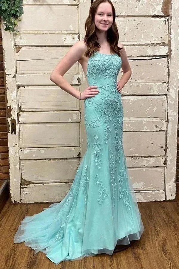 Green Tulle Mermaid Scoop Neck Lace Up Prom Dresses Evening Dresses  PSK438 - Image 3
