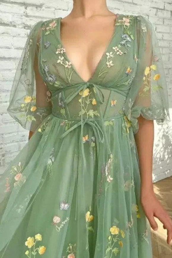 Green V Neck Short Sleeves Ankle Length Floral Tulle Short Prom Dresses - Image 2