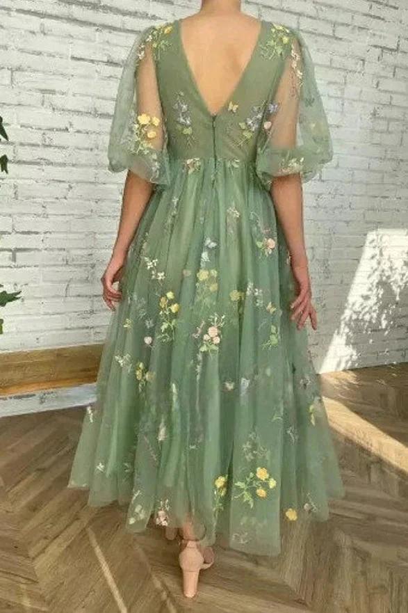 Green V Neck Short Sleeves Ankle Length Floral Tulle Short Prom Dresses - Image 3