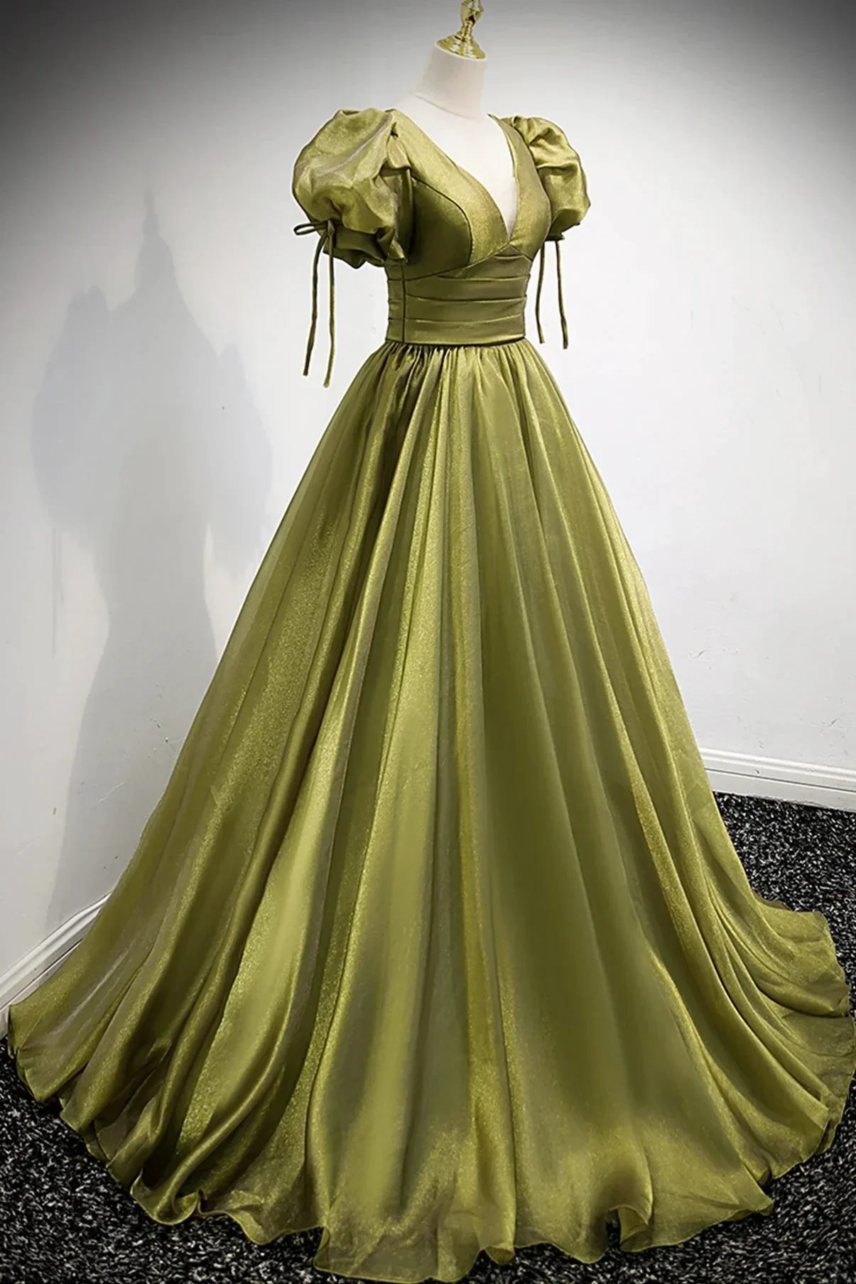 Green v neck tulle long prom dress A line evening dress Y898 - Image 2