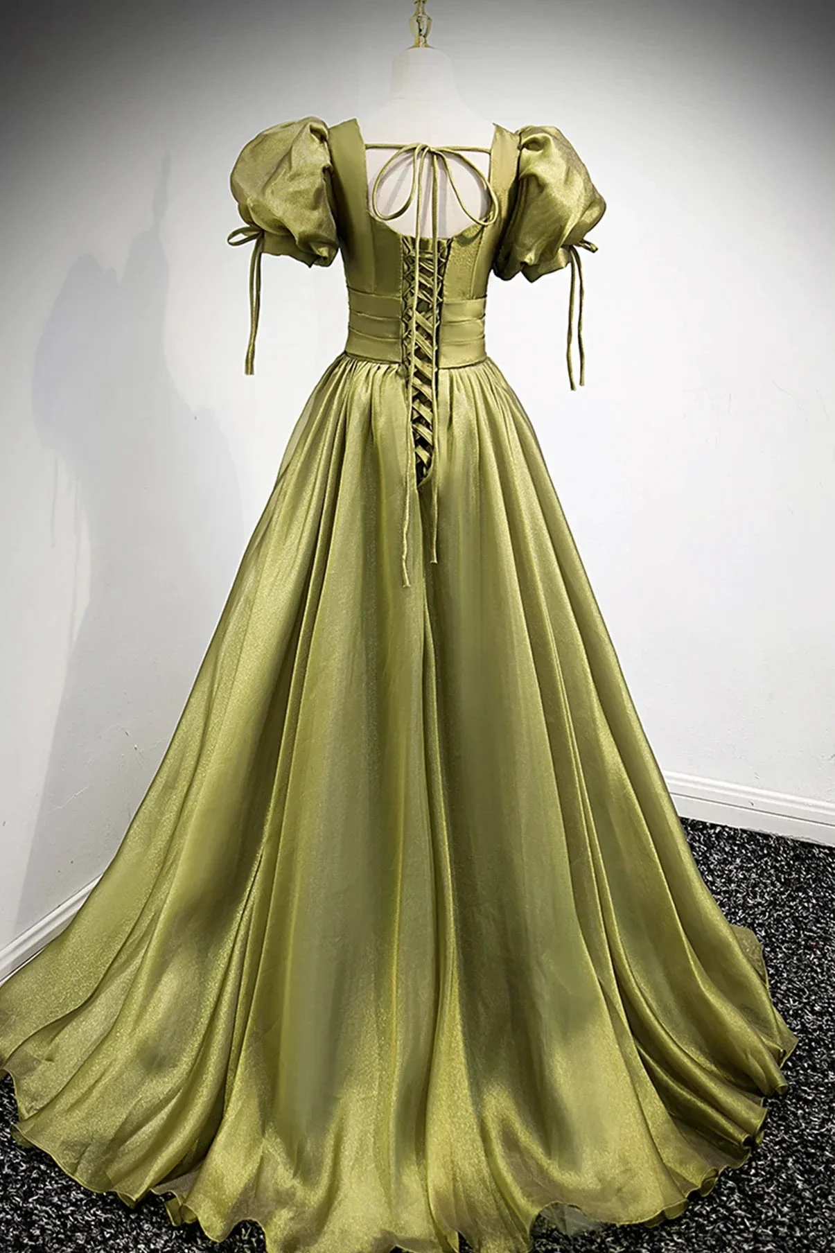 Green v neck tulle long prom dress A line evening dress Y898 - Image 3