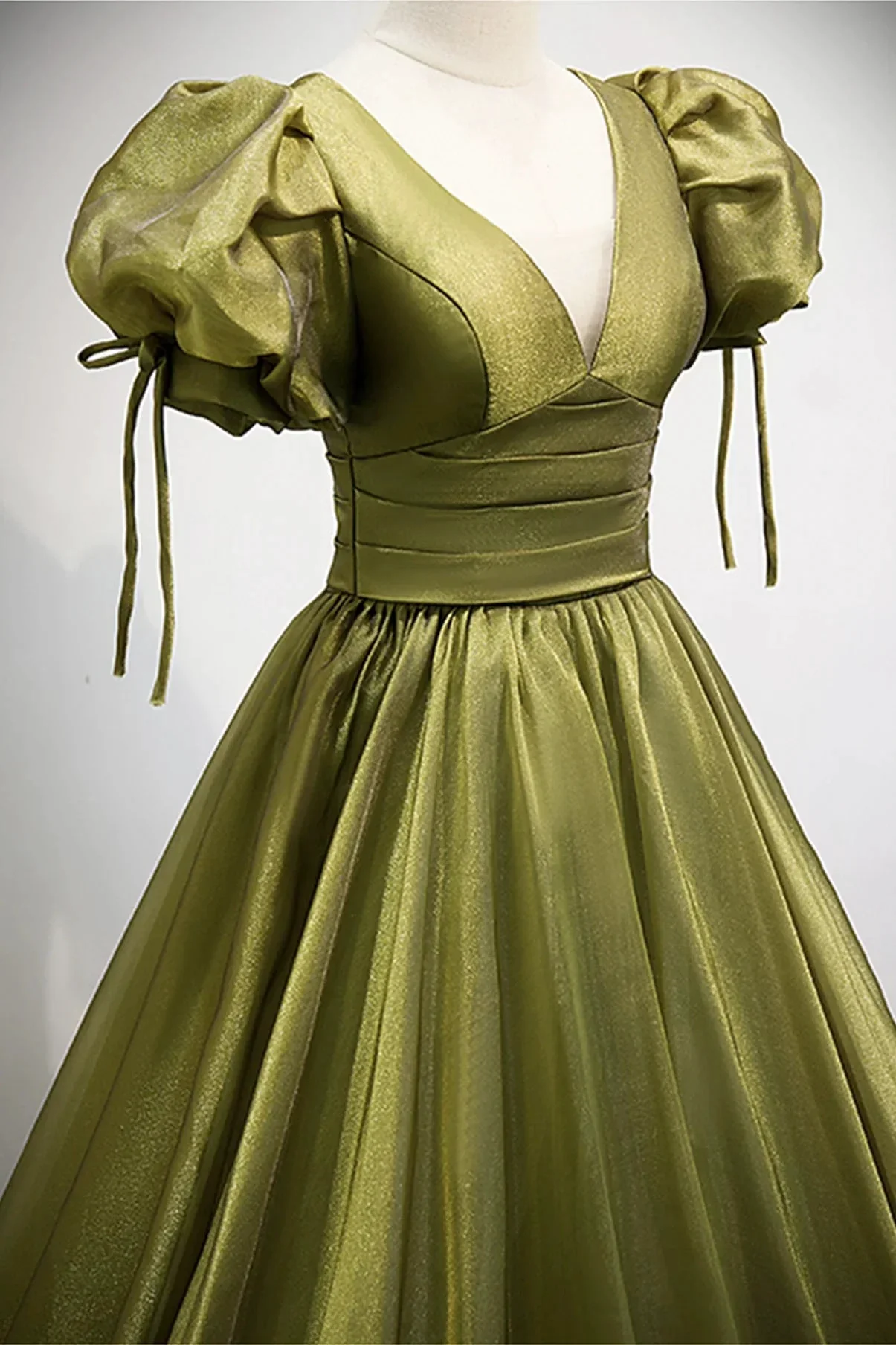 Green v neck tulle long prom dress A line evening dress Y898 - Image 4
