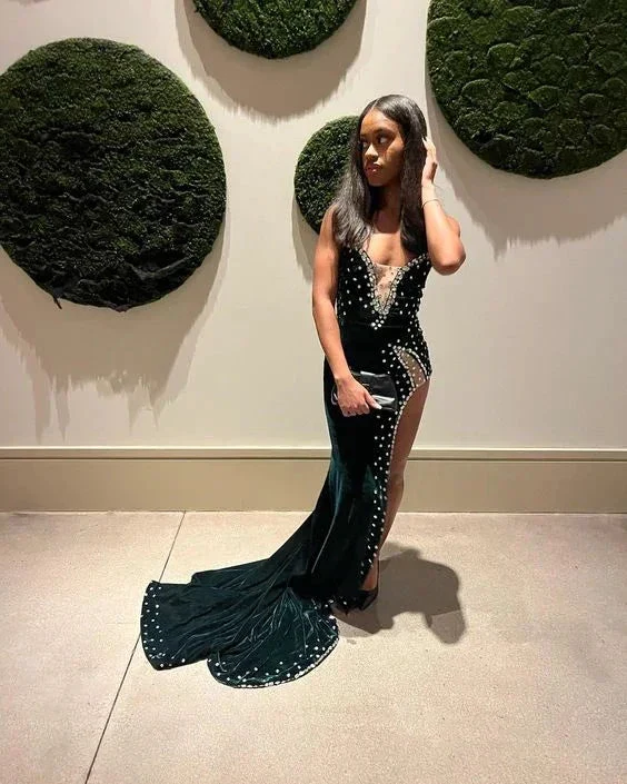 Green Velvet Prom Dress African Mermaid Evening Dress With Slit Y6480 - Image 2