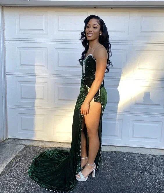 Green Velvet Prom Dress African Mermaid Evening Dress With Slit Y6480 - Image 3