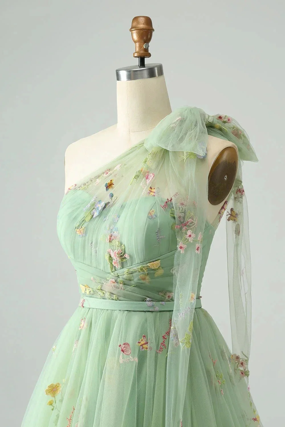 A Line One Shoulder Grey Blue Tulle Homecoming Dress with Floral Embroidery - Image 10