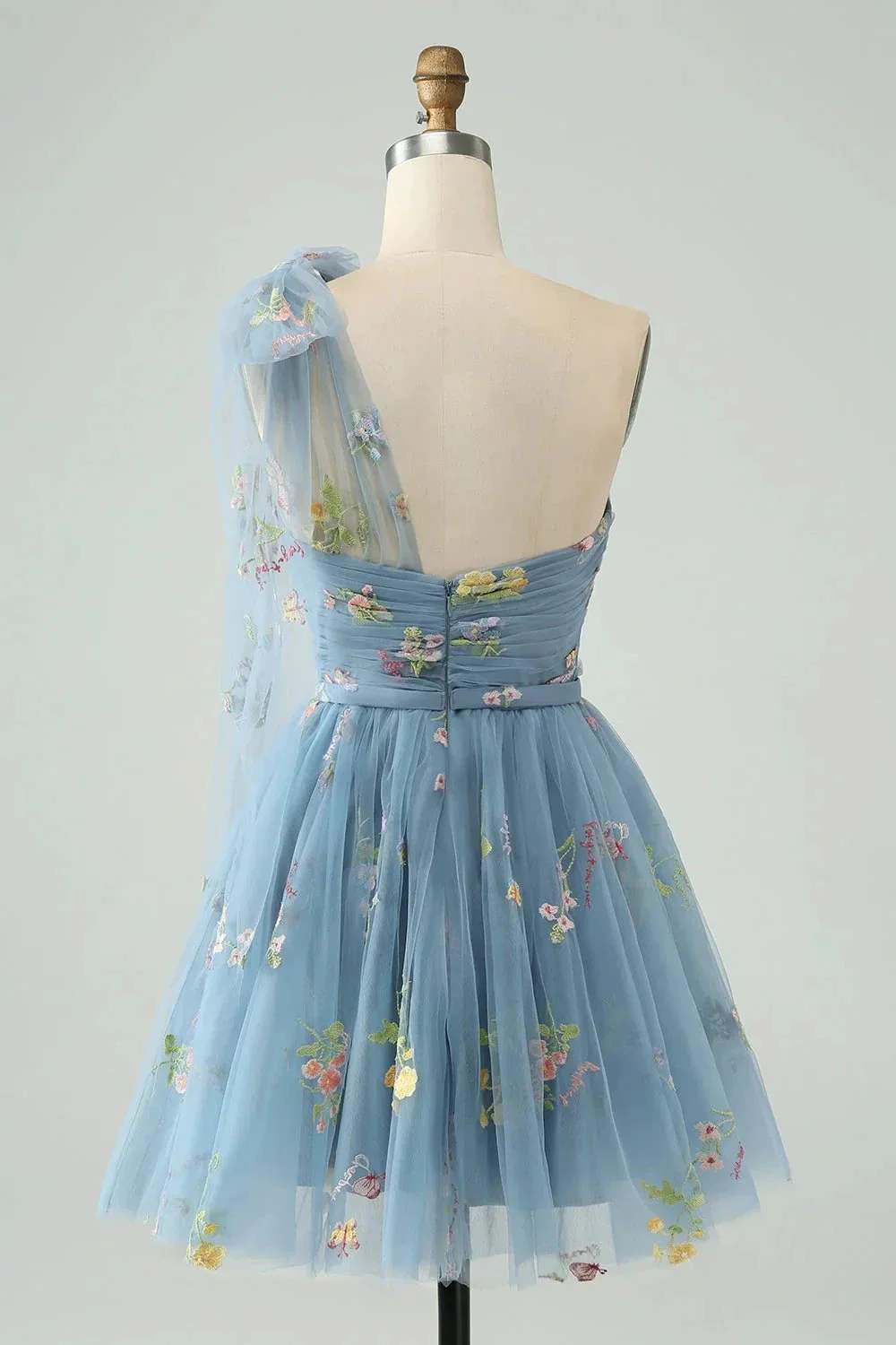 A Line One Shoulder Grey Blue Tulle Homecoming Dress with Floral Embroidery - Image 2