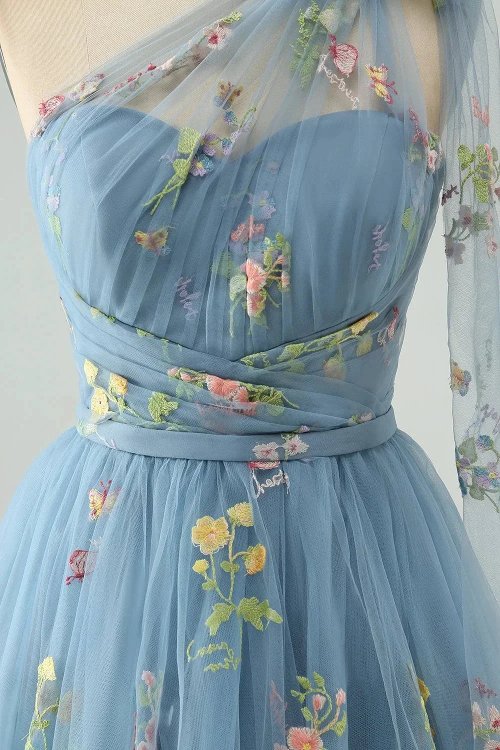 A Line One Shoulder Grey Blue Tulle Homecoming Dress with Floral Embroidery - Image 3
